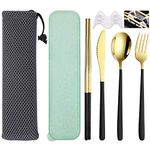 SITAKE 6 Pcs Portable Stainless Steel Flatware Set, Travel Reusable Lunch Utensils with Storage Case and Bag, Knife Fork Spoon Chopsticks Set for Office, School, Travel, Camping, Picnic (Black-Gold)