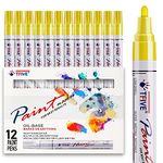 TFIVE Yellow Paint Pens Markers - 12 Pack Oil Based Permanent Marker, Medium Tip, Never Fade, Quick Dry, Waterproof Paint Pen for Rocks Painting, Wood, Fabric, Plastic, Canvas, Glass, Metal