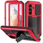 ANROD for Samsung Galaxy S24 5G Case, Shockproof Hard Case Aluminum Metal Gorilla Glass Military Heavy Duty Sturdy Protector Cover for Samsung Galaxy S24 5G, with Lens Protection Cover (Red)