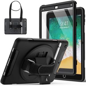 JETech Case for iPad 9.7-Inch (6th/5th Generation, 2018/2017 Model) with Built-in Screen Protector, Protective Shockproof Rugged Tablet Cover, 360° Rotating Hand Strap Stand (Black)