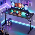 Bestier 52 inch Gaming Desk with Power Outlets and USB Charging Ports, Sturdy Computer Desk with LED Lights and Monitor Stand, Computer Table for Home Office, Easy to Assemble, Carbon Fiber Black