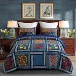 DECMAY 2 Piece Boho Real Patchwork 100% Cotton Bedspread Twin Deep Blue Vintage Plaid Floral Daybed Bedding Light Weight Reversible Quilt Luxury Matelasse Bed Coverlet Set with 1 Pillow Sham