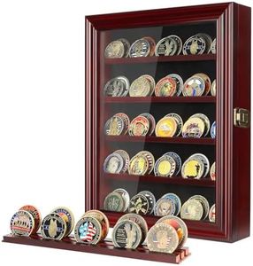 Indeep Military Challenge Coin Display Case Cabinet Rack Holder Shadow Box with Glass Door (Mahogany Finish)