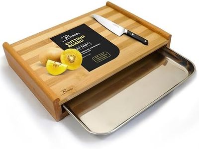 Bmado Homefull Bamboo Cutting Board with Stainless Steel Tray – (Medium) Wooden Chopping Board with Pull-Out Sliding Drawer Container (32 x 22 x 6 cm) for Kitchen & Food Prep