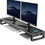 Vaydeer Dual Monitor Stand Riser with Wireless Charging and 4 USB 3.0, Metal Desk Computer Stand for 2 Monitors, Aluminum PC Screen Stand for Office, Laptop, Computer, iMac up to 32 Inches - Black