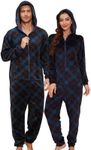 U2SKIIN Men Onesie Pajama Sets, Hooded Zipper Pjs Set Soft Warm Sleepwear Jumpsuit(Blue Green Plaid-men, L)