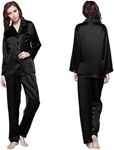 LilySilk Silk Pajamas for Women 100% Mulberry Silk 22 Momme Pajama Set Long Sleeve Button Down Sleepwear & Wide Trouser-Leg Pants M, Black