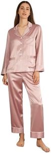 LilySilk Women's Long Silk Pajamas Set V Neck Notched Collar with White Trimmed (M/12, Rosy Pink)