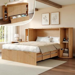 AMERLIFE Queen Murphy Bed with Storage Bedside Shelves & Sliding Tambour Door, Modern Cabinet Bed with Charging Station & Curved Fluted Design for Bedroom/Guest/Home Office, Natural Oak