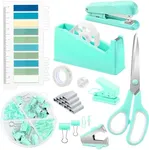 10 in 1 Green Office Supplies,Teal Desk Accessories Office Supplies Set with Stapler and Tape Dispenser,Scissors,Staple Remover,Staples,Clips & Labels,Teal Office Supplies for Student or Colleague