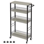 YBING Slim Storage Cart 4 Tier Slim Rolling Cart on Wheels Mobile Narrow Kitchen Cart with Wooden Tabletop Grey Slide Out Slim Utility Cart with Handle for Living Room Laundry Pantry Gap 7.3''Wide