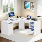 YITAHOME L Shaped Desk with File Drawer, 60" Computer Desk with Power Outlets, Corner Desk Home Office Desk with Monitor Stand & File Cabinet, White