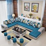 Homeify Wood Carlo 9 Seater L-Shaped Sectional Sofa with Ottoman for Living Room (Right Side,Blue/Gray)