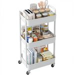 Sywhitta 3-tier Storage Rack on Wheels, Kitchen Storage Utility Cart, Rolling Storage Rack for Bedroom, Bathroom, Office, White