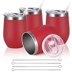 Joymaking Reusable Coffee Cup, Double Walled -Insulated Travel Mug Vacuum Stainless Steel Wine Tumbler with Spill Proof Lid, Great for Hot Cold Drinks Coffee Wine, 4 Piece Set 12 Oz Red