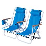 Bonnlo Low Beach Chairs Set of 2, Light Weight Backpack Beach Chair with Cup Holder and Wooden Armrests, Backpackable Blue