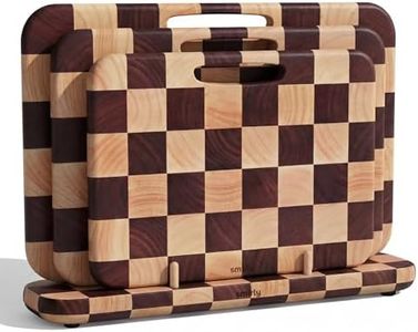 SMIRLY Wooden Cutting Boards for Kitchen, Double-Sided Cutting Board with Handle, Heavy Duty Solid Rubber Wood Cutting Board Set with Stand, 3 Pcs Cutting Boards Non Toxic for Meat Vegetable Fruit