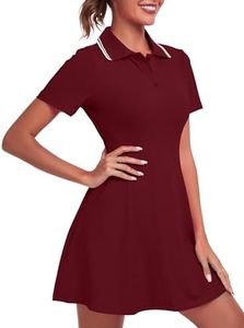 FKEEP Women's Golf Dress Tennis Dresses Workout Athletic Dress with Shorts/Short Sleeve/Pocket, 11 Wine Red, Small