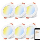 iLC Smart Recessed LED Downlights for Ceiling Lights, Work with Alexa, 8W, Ø68-85mm CCT Color Temperature Turnable 2700K-6000K, IP44, APP Controlled for Bathroom Indoor (6 Pack)