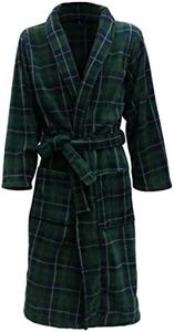 John Christian Men's Fleece Robe Green and Navy Tartan, Navy,green, Large-X-Large