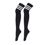 Bestjybt Women Long Thigh High Socks Cotton Over the Knee Socks, Black-stripe, One Size