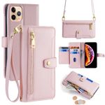 Arseaiy Wallet Case for Motorola Moto Z2 Play Flip Phone Case with Crossbody Strap Magnetic Handbag Zipper Pocket PU Leather Shockproof with Kickstand Phone Shell Pink