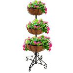 Gr8 Garden 3 Tier Flower Fountain with Coco Liners Black Metal Garden Patio Planter Plant Pot Tub Rack Stand Free Standing