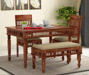 BN Furniture Solid sheesham Wood Traditional Design 4 Seater Dining Room Sets |Dining Table Set with 2 Chairs and 1 Bench|| Dining Table Set for Home Furniture (Traditional, 4S-Bench-Honey-10)