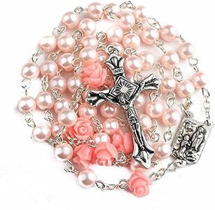 Nazareth Store Collana con rosario cattolico con perle rosa I nostri fiori di rosa, medaglia di Lourdes e croce NS