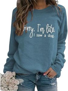 Sorry I'm Late I Saw A Dog Sweatshirt Women Funny Dog Lover T-Shirt Casual Crew Neck Long Sleeve Dog Mom Graphic Tops Blue