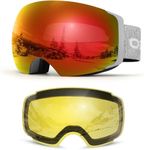 Odoland Magnetic Interchangeable Ski Goggles with 2 Lens, Large Spherical Frameless Snow Snowboard Goggles for Men Women, Gray frame red lens, vlt 15%