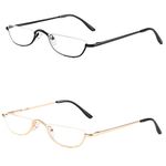 Half Reading Glasses 2 Pairs Half Rim Metal Frame Glasses Spring Hinge Readers for Men and Women, Black+Gold 1.75