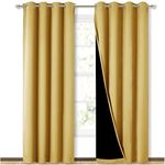 BFAM Premium Full Blackout Curtain -100% Blackout Curtain for Bedroom with Black Liner, Grommet Double Layer Full Room Darkening, noice canceling,Polyster, Set of 2,YELLOW-10FT