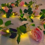 Fielegen 6.56 Feet Artificial Flower String Lights Battery Operated Fake Rose Vine Floral Garland with 20 LED Fairy Lights, Silk Hanging Pink Rose Flower Vines for Garden Wedding Backdrop Table Decor