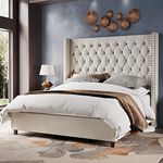 Jocisland Velvet Upholstered Bed Frame King Size 61.4" Tall Headboard King Bed Frame/Deep Button Tufted/No Box Spring Needed/Cream