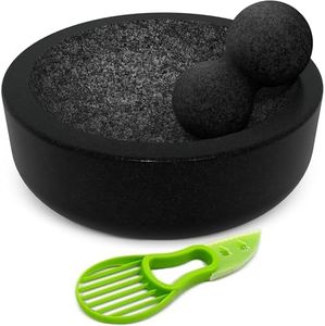 Umien™ Granite Mortar and Pestle Set - 100% Granite - 3.5-Cups - 7.9-Inch – Avocado Tool Included – Natural Stone Molcajete for Spices, Pestos, & Guacamole (Black) - Stone Grinder - Guacamole