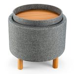 GORELAX 4 in 1 Upholstered Round Storage Ottoman with Trays, Fabric Storage Footstool w/Solid Wood Legs & Anti-Slip Pad, Cozy Stool for Bedroom, Living Room (Grey)