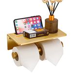 Smarthome Double Toilet Paper Holder with Shelf, Commercial Toilet Paper Roll Dispenser Wall Mount with Cell Phone Storage Rack, Aluminium Fits Mega Roll Dual Toilet Paper Tissue Holder Brushed Gold