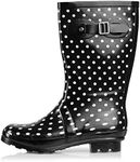 NORTY - Womens Hurricane Wellie Gloss Mid-Calf White Dot Black Rim Print Rain Boot, Black, White 39201-8B(M) US