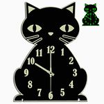 Cat Wall Clock Night Light - Glow in The Dark Silent Non-Ticking Battery Operated Quality Quartz Wooden Wall Clocks for Bedroom Home Decor, Black