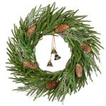 Arborus Norfolk Pine Christmas Wreaths for Front Door, 20 inches Artificial Green Wreath with Pinecones Decorative Bells for Xmas Room Wall Kitchen Mantle Outdoor Porch Decor