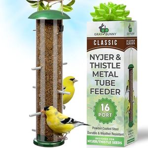 Gray Bunny Thistle & Nyjer Bird Feeders for Outdoors Hanging, Metal Finch Bird Feeder with 16 Small Ports & 8 Metal Perches, Chew Proof, Great for Wild Bird