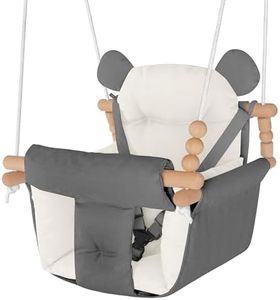 Baby Swing Indoor Outdoor,Secure Canvas Wooden Toddler Swing Seat, 3-Point Adjustable Safety Harness,Mounting Hardware Included,Gift for Boys and Girls,Grey and White