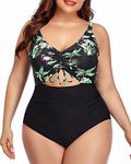 Daci Women Plus Size Cutout One Piece Swimsuits Tummy Control Bathing Suits V Neck Monokini Swimwear, Black and Flamingo, 18 Plus