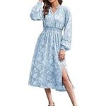 GRACE KARIN Dresses for Women UK Elegant Wedding Guest Bridesmaid Dress V-Neck Long Sleeve A-line Loose Fit Dress Grey Blue M