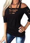 Cut Out Cold Shoulder T-Shirt Women Lacerated Sleeve Shirt Hollow Out Square Collar Casual Blouse Summer Rock Tee Tops, Black, X-Large