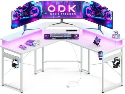 ODK Bureau Gaming avec LED, Bureau d'angle Gaming avec Prises et Ports USB, Bureau Gaming Angle avec Support pour Moniteur, Blanc Carbone, 129x129 cm
