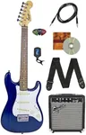 Fender Squier 24-Inch Short Scale Strat Pack - Transparent Blue Bundle with Frontman 10G Amplifier, Instrument Cable, Strap, Picks, Online Lessons, and Austin Bazaar Instructional DVD