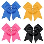 TUUXI 4pcs 8" Large Cheer Bows Elastics Hair Ties Bands Grosgrain Ribbon Ponytail Holder for Cheerleading Team Baseball Softball Tennis Cheerleader Bows Black Pink Blue Orange