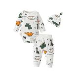 Newborn Baby Boy Clothes Dinosaur Print Knitted Romper + Pant + Hat Outfit Set White (Newborn)